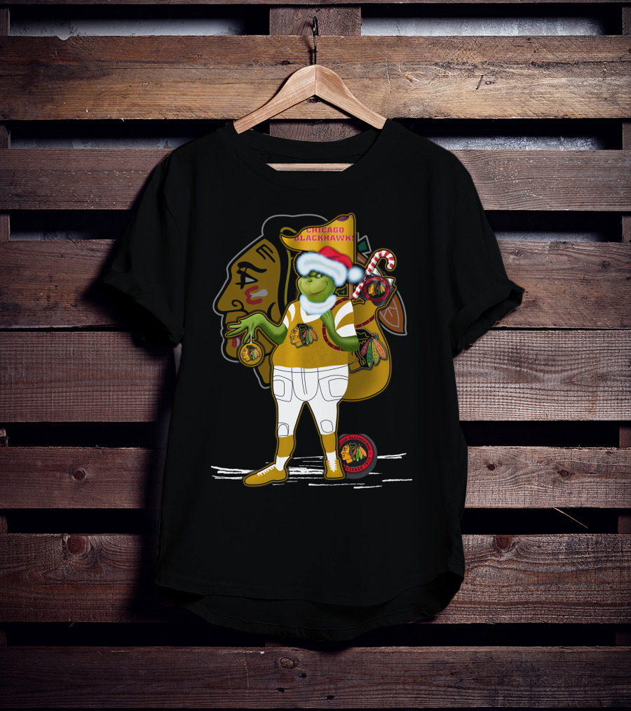 Chicago Blackhawks Grinchxmas Santa Hat Candy Cane Holiday T-Shirt
