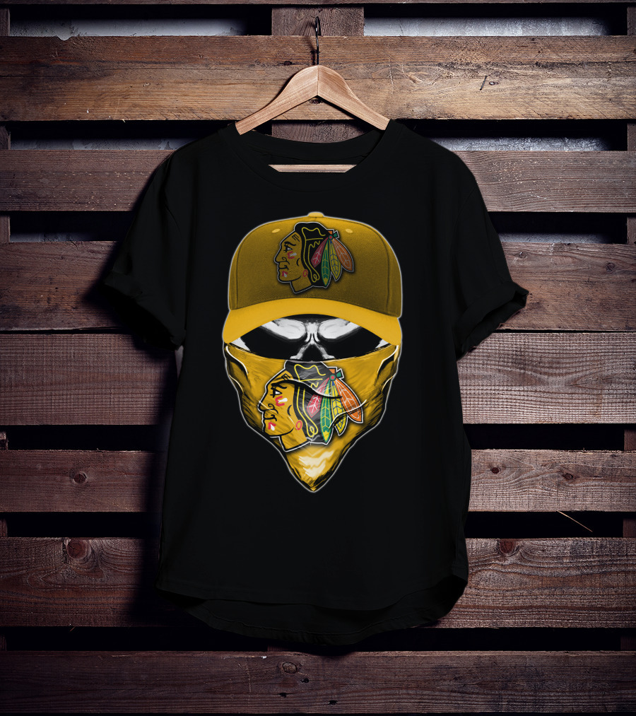 Skull Chicago Blackhawks Logo Hat And Bandana T-Shirt