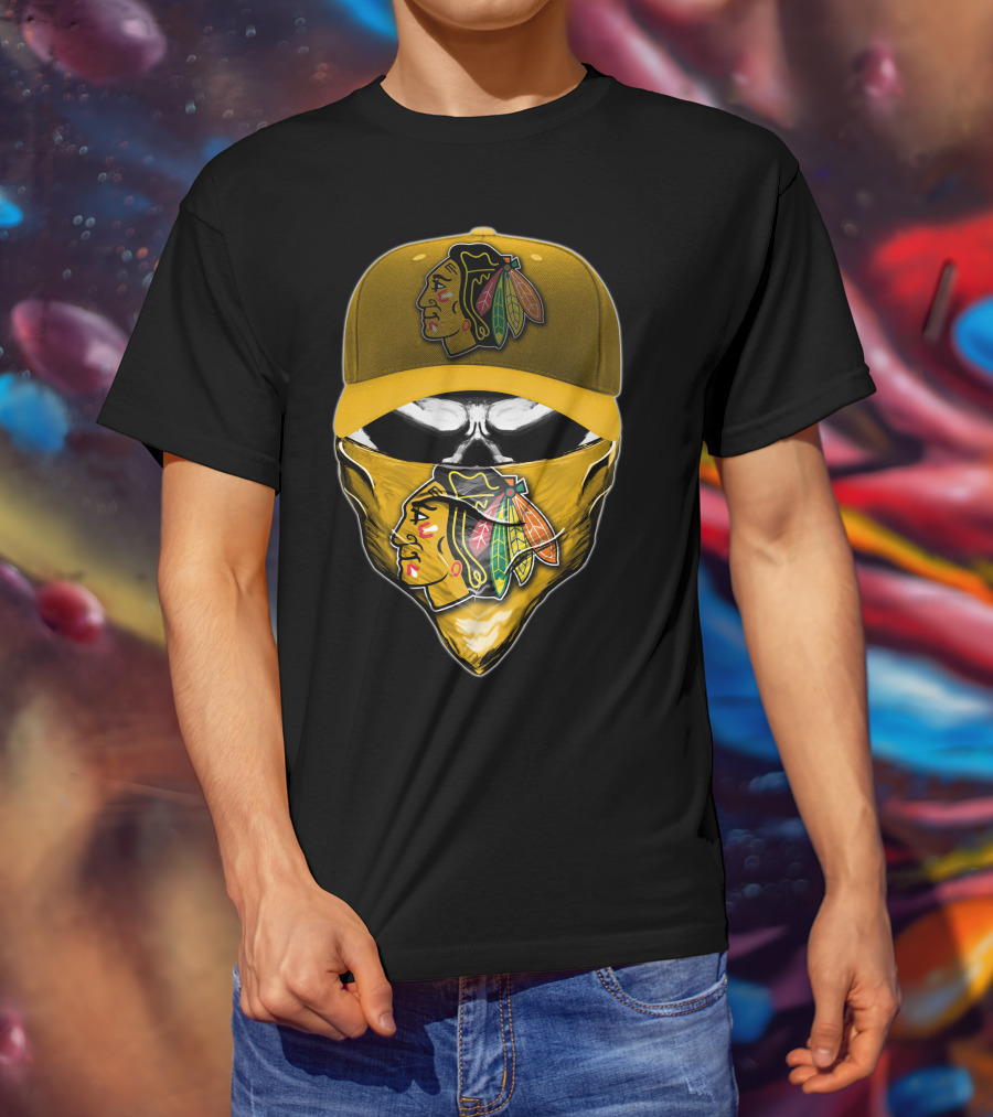 Skull Chicago Blackhawks Logo Hat And Bandana T-Shirt