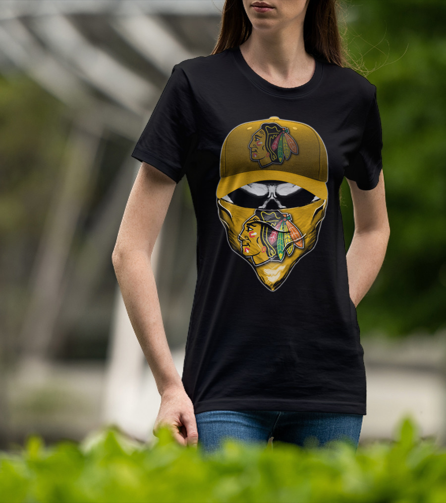 Skull Chicago Blackhawks Logo Hat And Bandana T-Shirt
