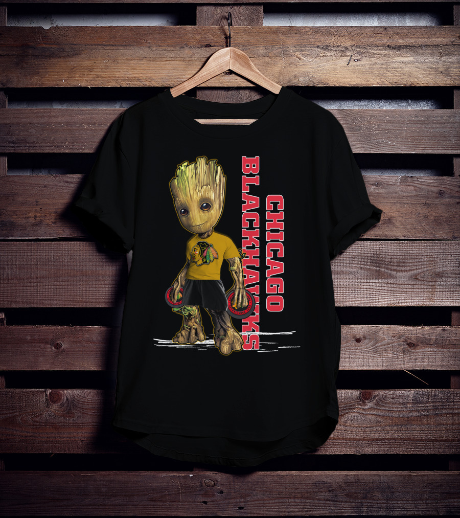 Groot Chicago Blackhawks Holding Hockey Pucks T-Shirt