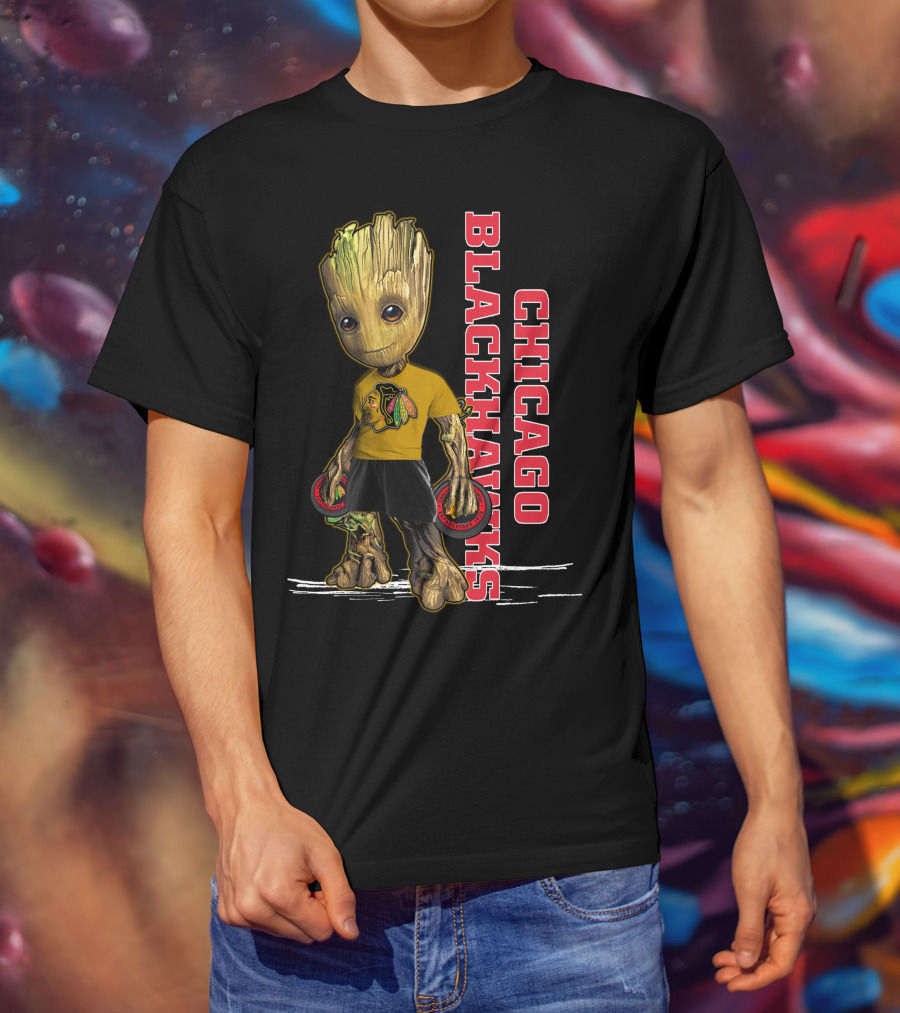 Groot Chicago Blackhawks Holding Hockey Pucks T-Shirt