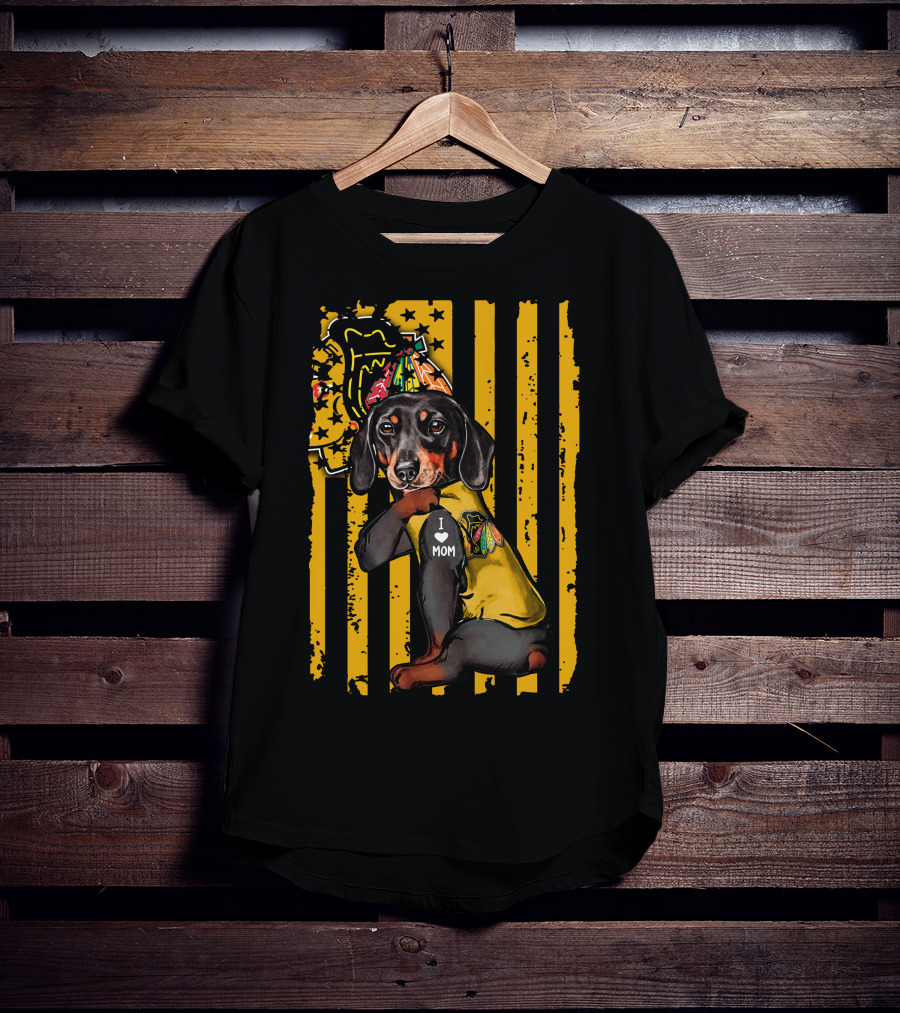Dachshund In Chicago Blackhawks Outfit With I Love Mom Badge T-Shirt