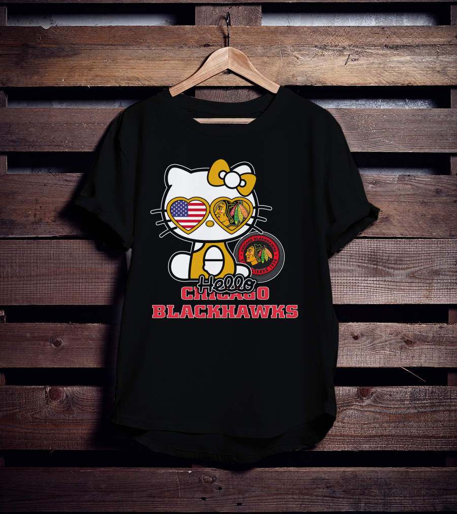 Hello Kitty Chicago Blackhawks American Flag Hockey Fan T-Shirt