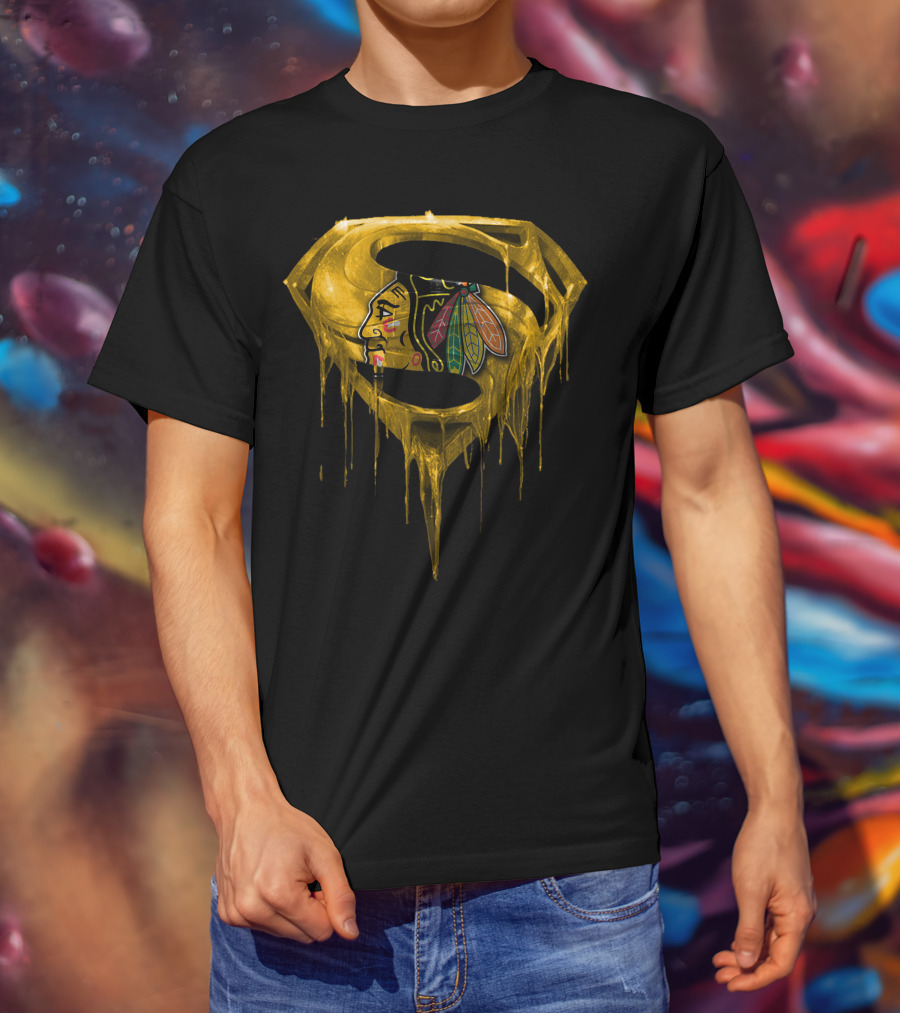 Superman Symbol With Chicago Blackhawks Logo Dripping Gold T-Shirt