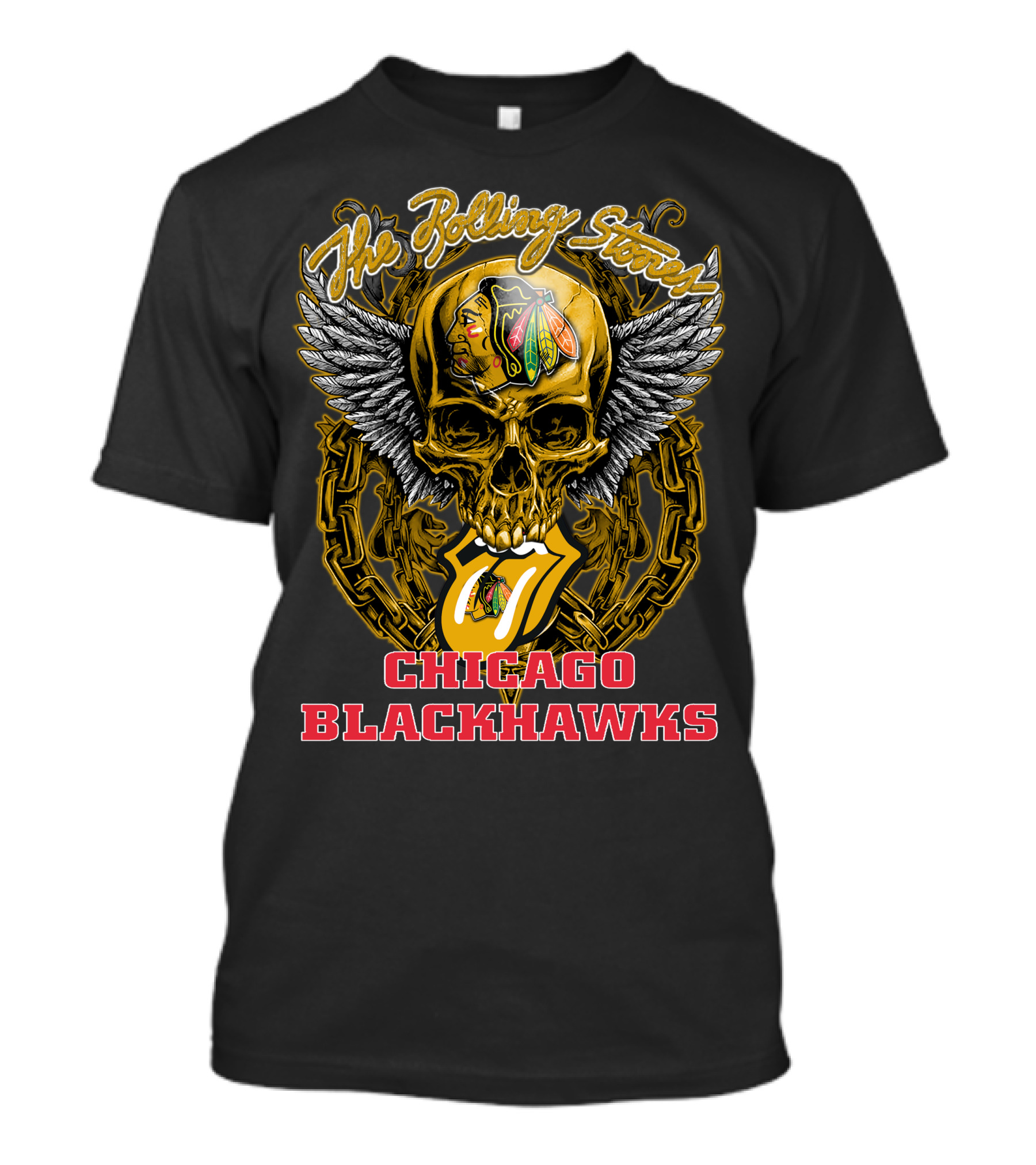 The Rolling Stones Tongue And Wings Skull With Chicago Blackhawks T-Shirt