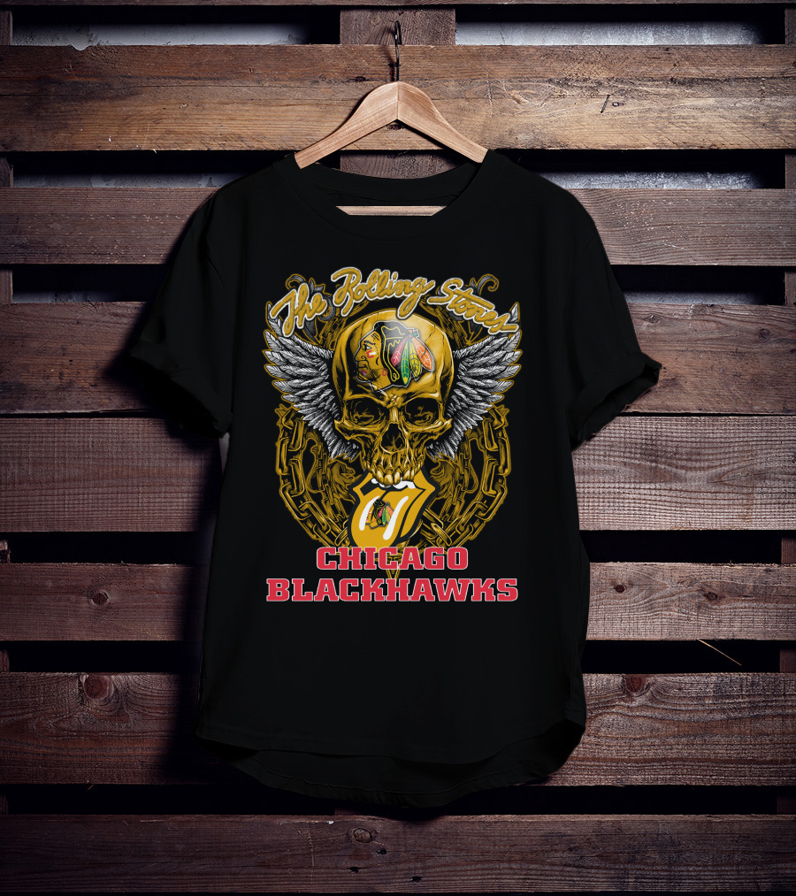 The Rolling Stones Tongue And Wings Skull With Chicago Blackhawks T-Shirt