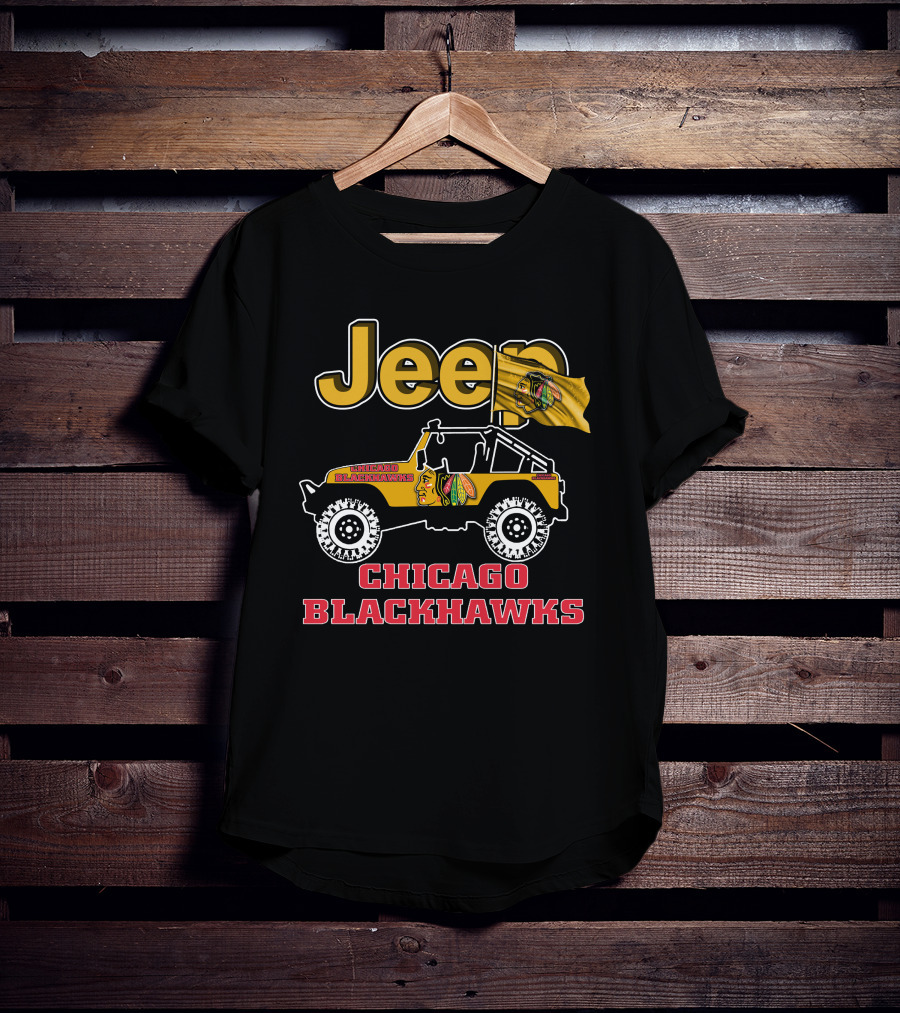 Jeep Chicago Blackhawks Off-Road Vehicle With Team Logo And Flag T-Shirt