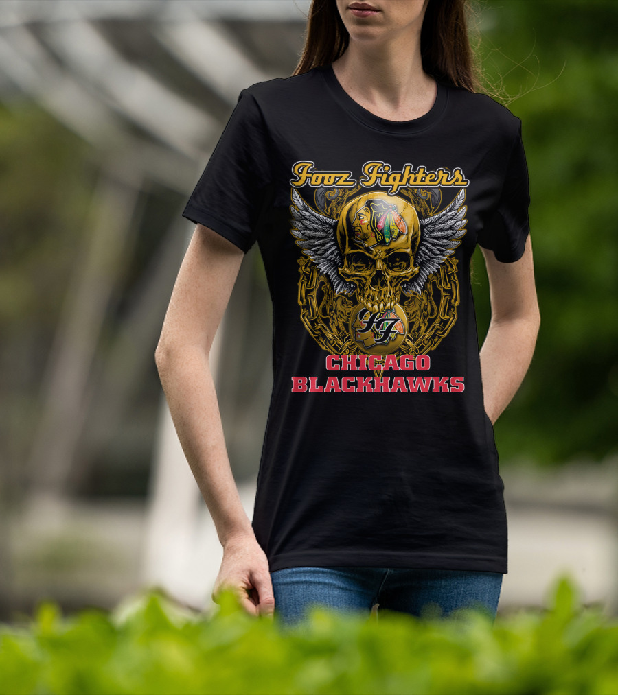 Foo Fighters Chicago Blackhawks Skull Winged T-Shirt