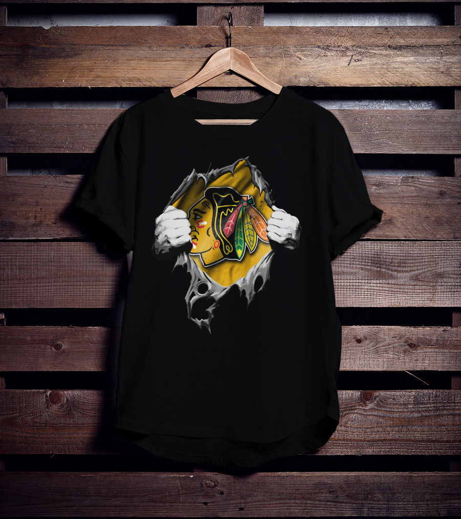 Torn Chicago Blackhawks Logo Peeking Through Ripped Fabric T-Shirt