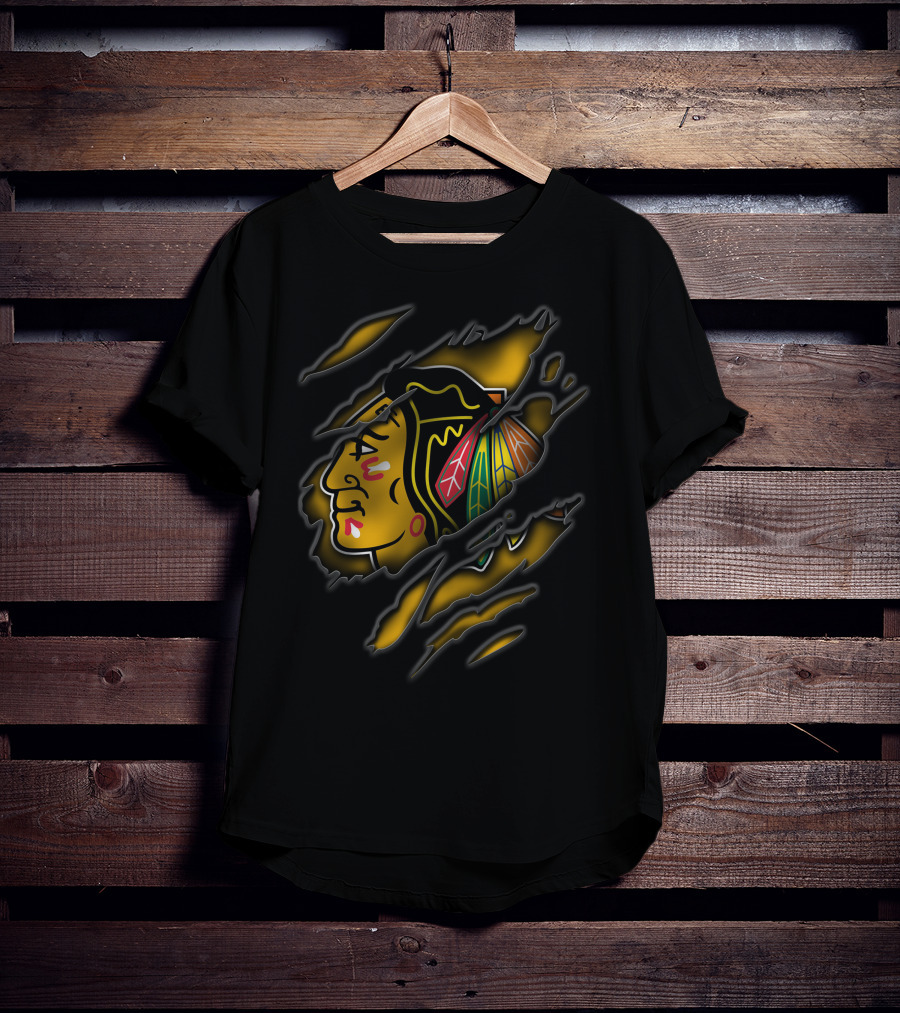 Torn Chicago Blackhawks Logo Claw Marks Yellow And Black T-Shirt