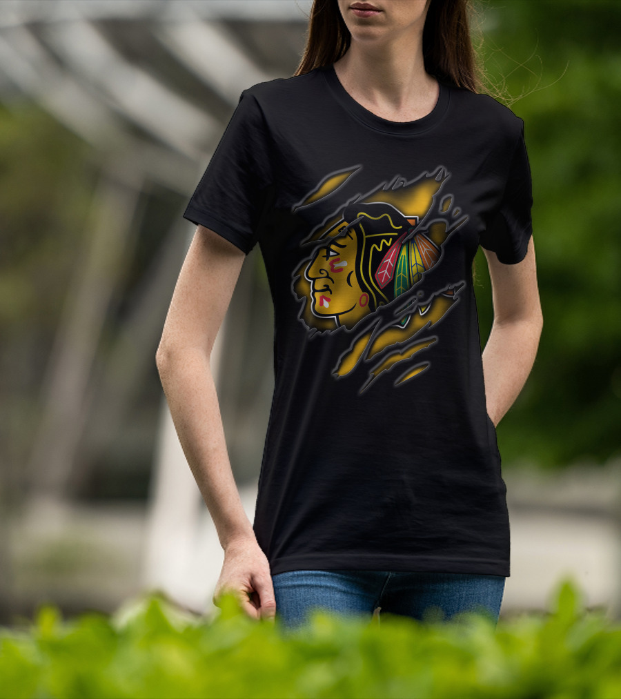 Torn Chicago Blackhawks Logo Claw Marks Yellow And Black T-Shirt