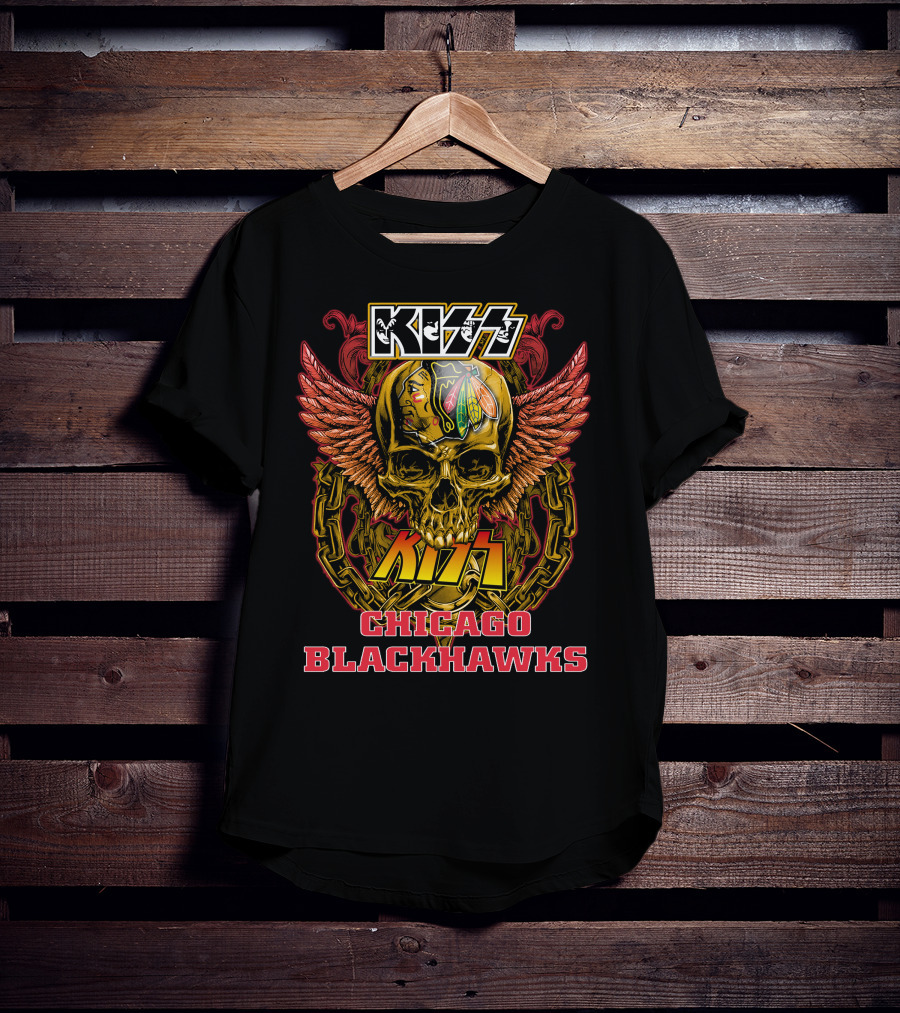 Kiss Chicago Blackhawks Skull With Wings And Chains T-Shirt