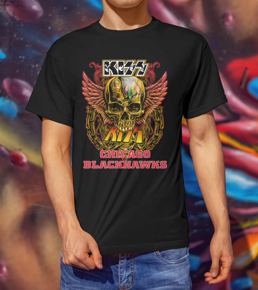Kiss Chicago Blackhawks Skull With Wings And Chains T-Shirt