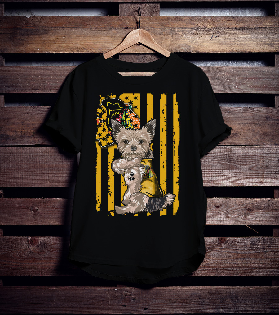 Yorkshire Terrier I Love Mom Chicago Blackhawks Stripes T-Shirt