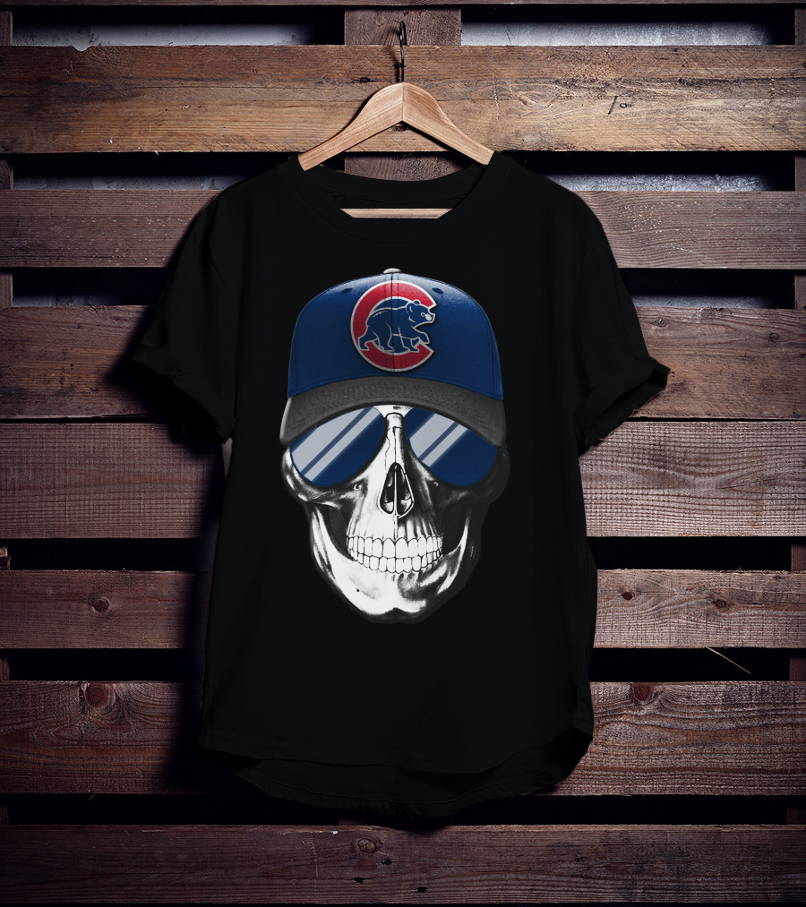 Skull Wearing Chicago Cubs Hat With Reflective Sunglasses T-Shirt