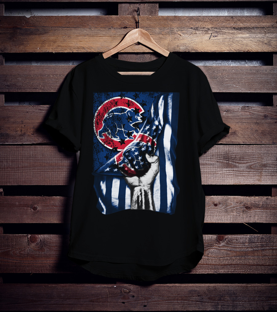 Chicago Cubs American Flag Blue Bear Emblem T-Shirt