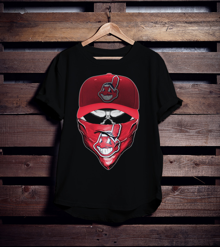 Cleveland Indians Chief Wahoo Skull Mask With Hat And Bandana T-Shirt