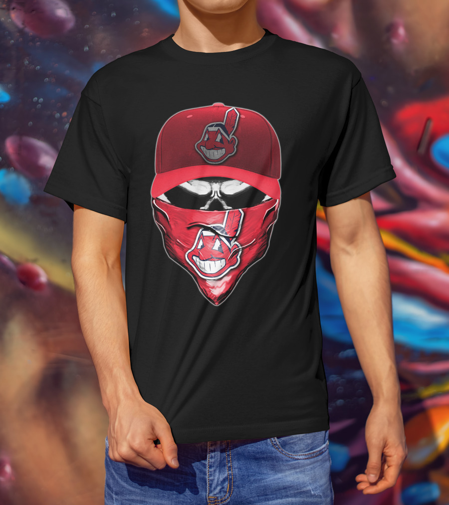 Cleveland Indians Chief Wahoo Skull Mask With Hat And Bandana T-Shirt