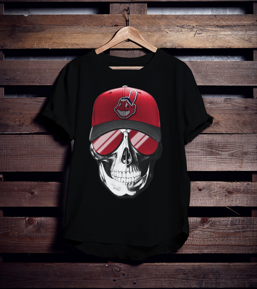 Skull With Cleveland Indians Cap And Sunglasses T-Shirt