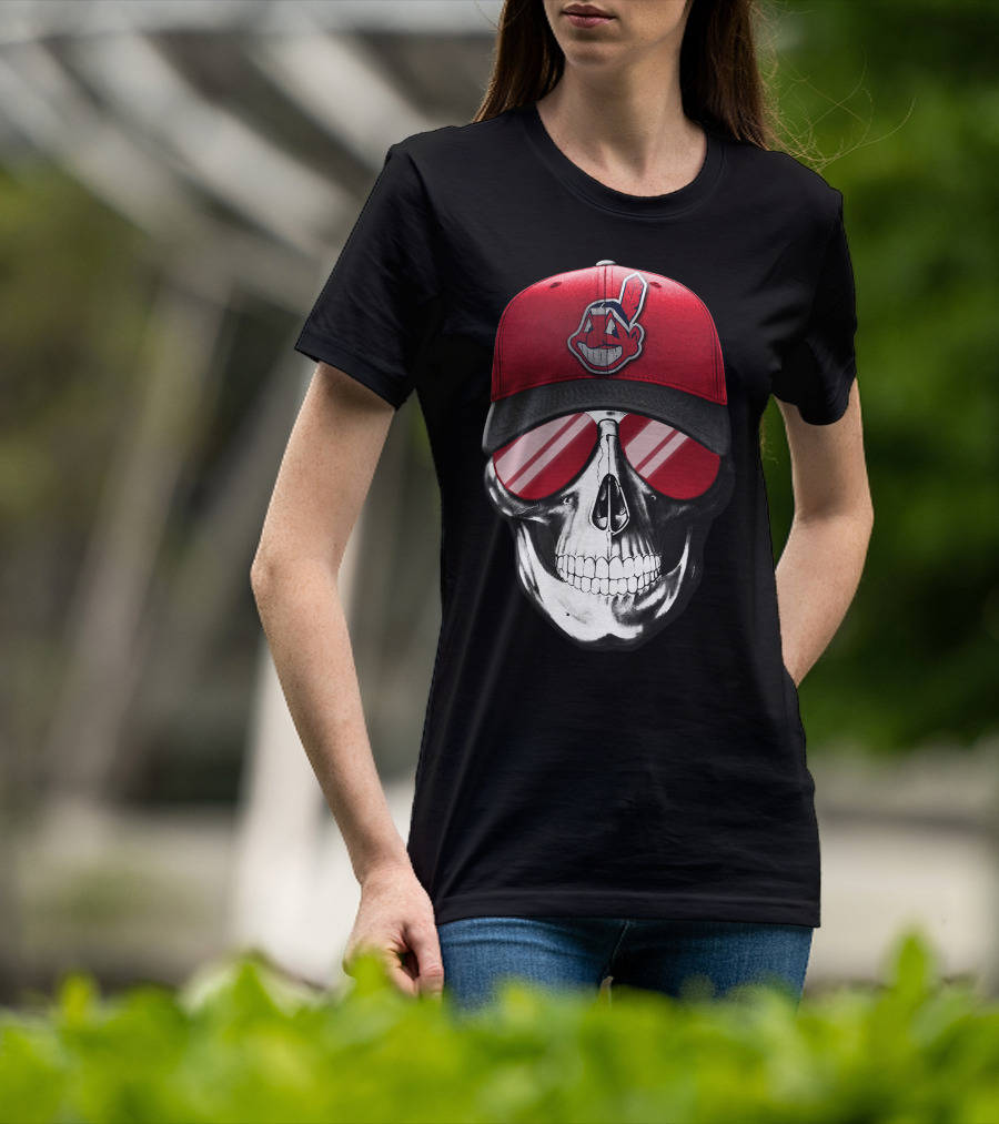 Skull With Cleveland Indians Cap And Sunglasses T-Shirt