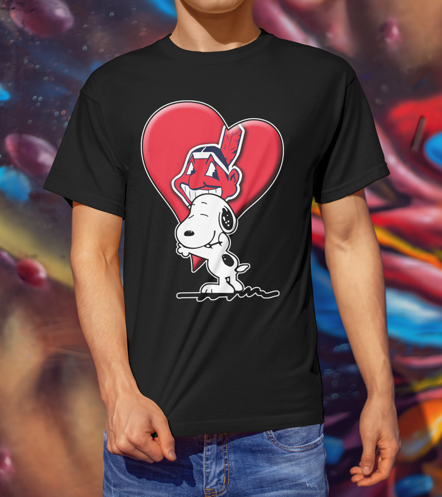 Snoopy Hugging Cleveland Indians Logo Heart T-Shirt