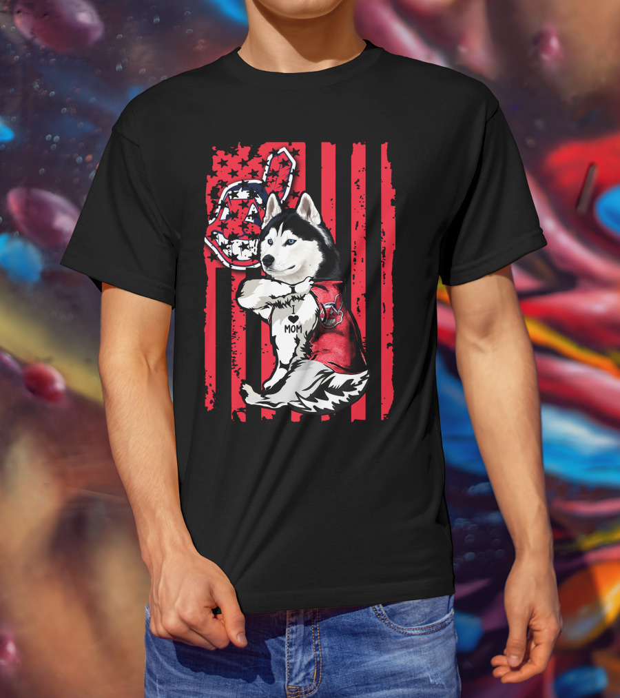 Siberian Husky Cleveland Indians American Flag Baseball Fanatic Mom T-Shirt