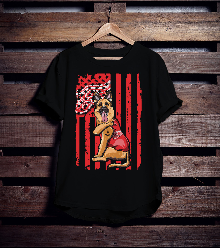 German Shepherd With Detroit Red Wings And I Love Mom Tattoo Flag Background T-Shirt