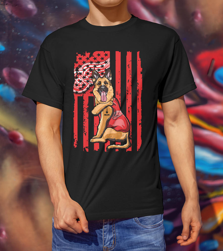 German Shepherd With Detroit Red Wings And I Love Mom Tattoo Flag Background T-Shirt