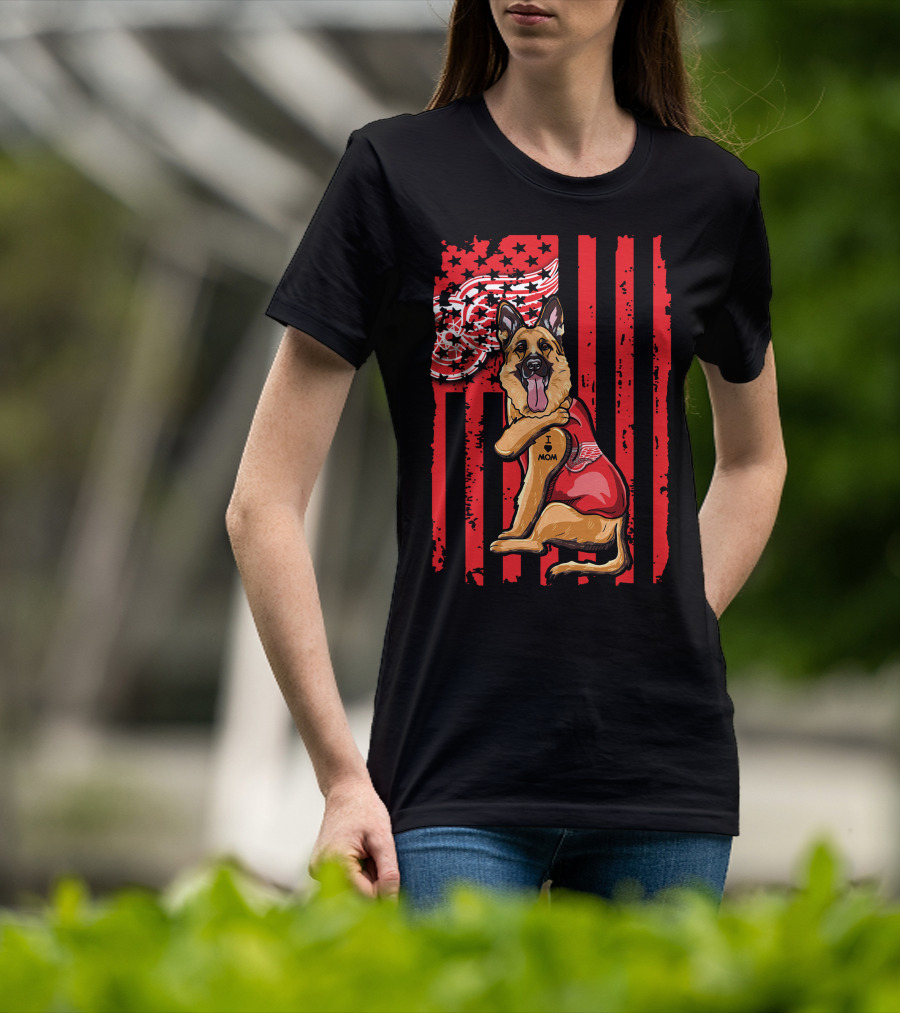 German Shepherd With Detroit Red Wings And I Love Mom Tattoo Flag Background T-Shirt