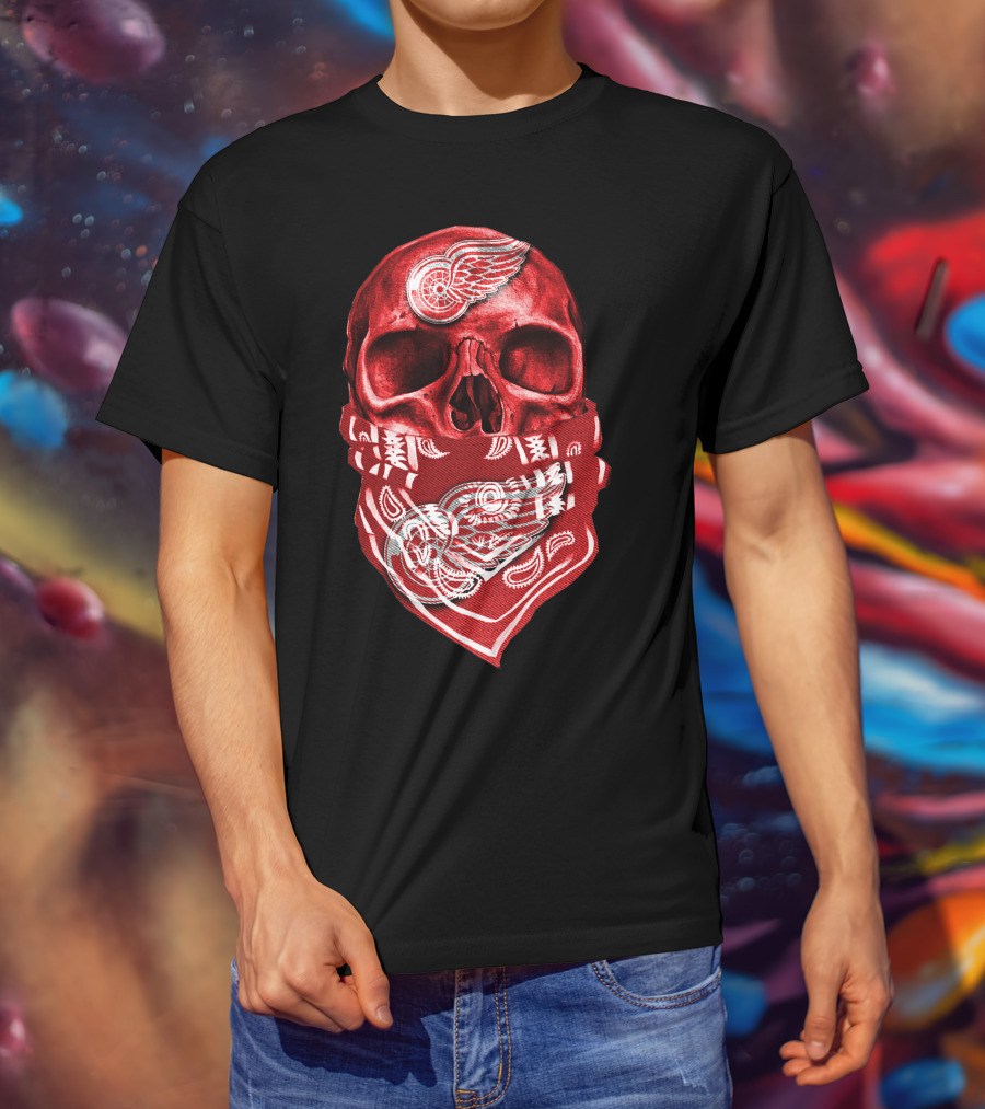 Skull With Detroit Red Wings Bandana T-Shirt