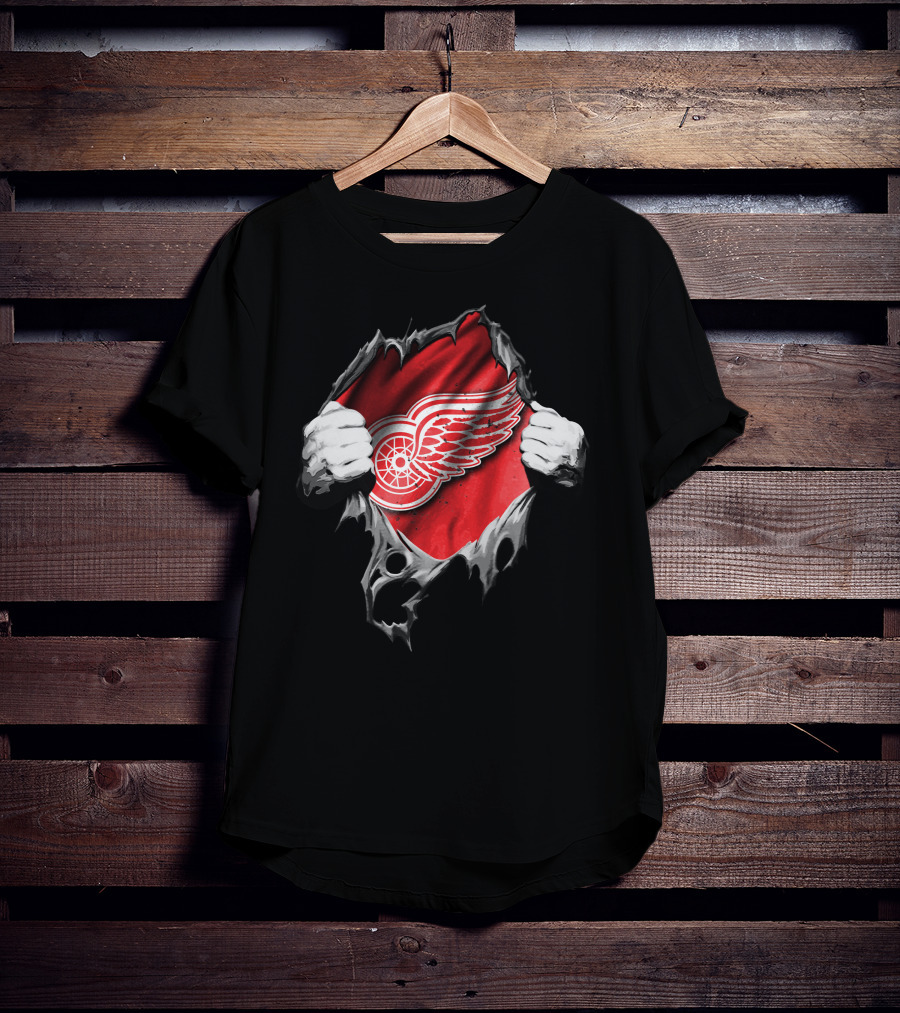 Detroit Red Wings Hockey Emblem Behind Ripped Fabric Peeking Out T-Shirt