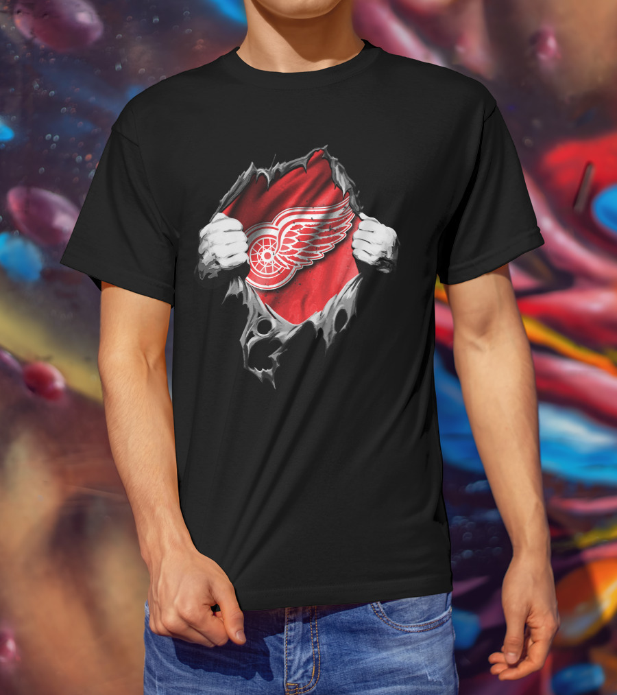Detroit Red Wings Hockey Emblem Behind Ripped Fabric Peeking Out T-Shirt