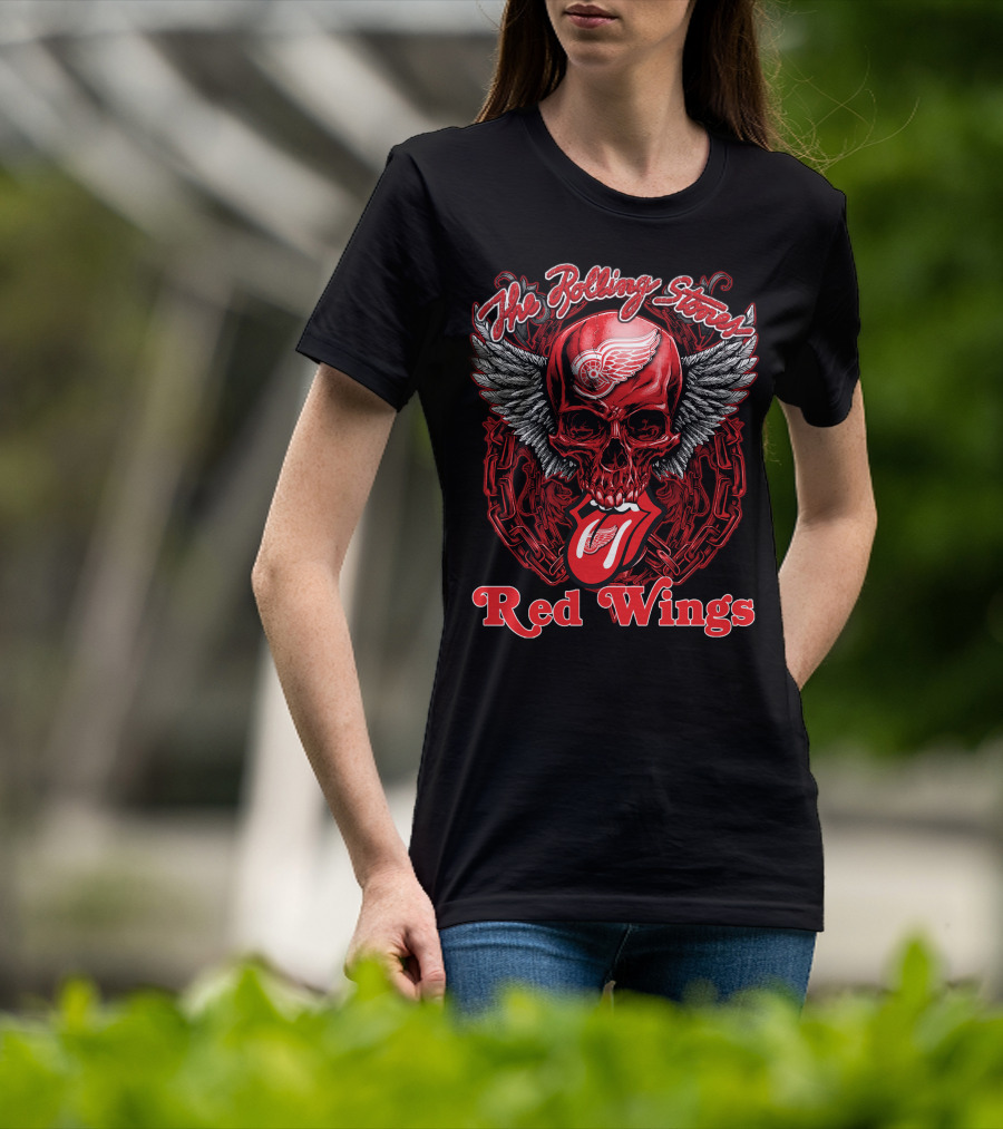 The Rolling Stones Skull With Detroit Red Wings Wings And Tongue T-Shirt