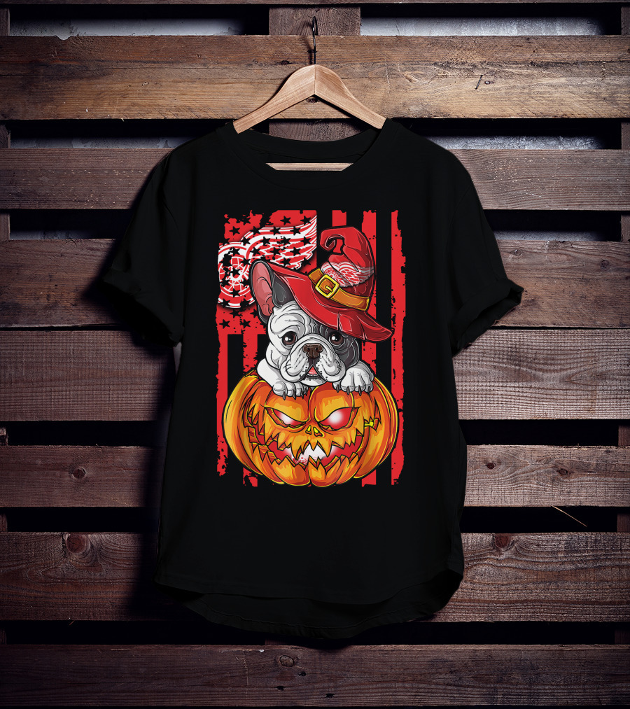 Hlw Bulldog Detroit Red Wings Witch Hat Pumpkin Halloween T-Shirt