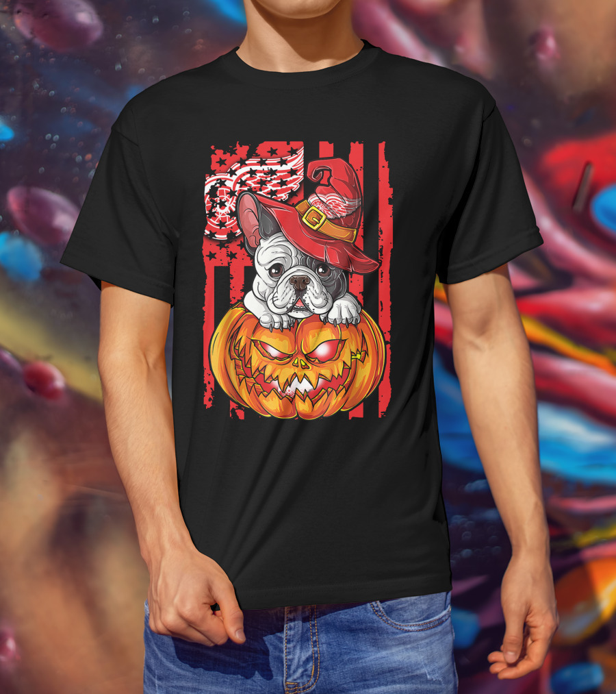 Hlw Bulldog Detroit Red Wings Witch Hat Pumpkin Halloween T-Shirt