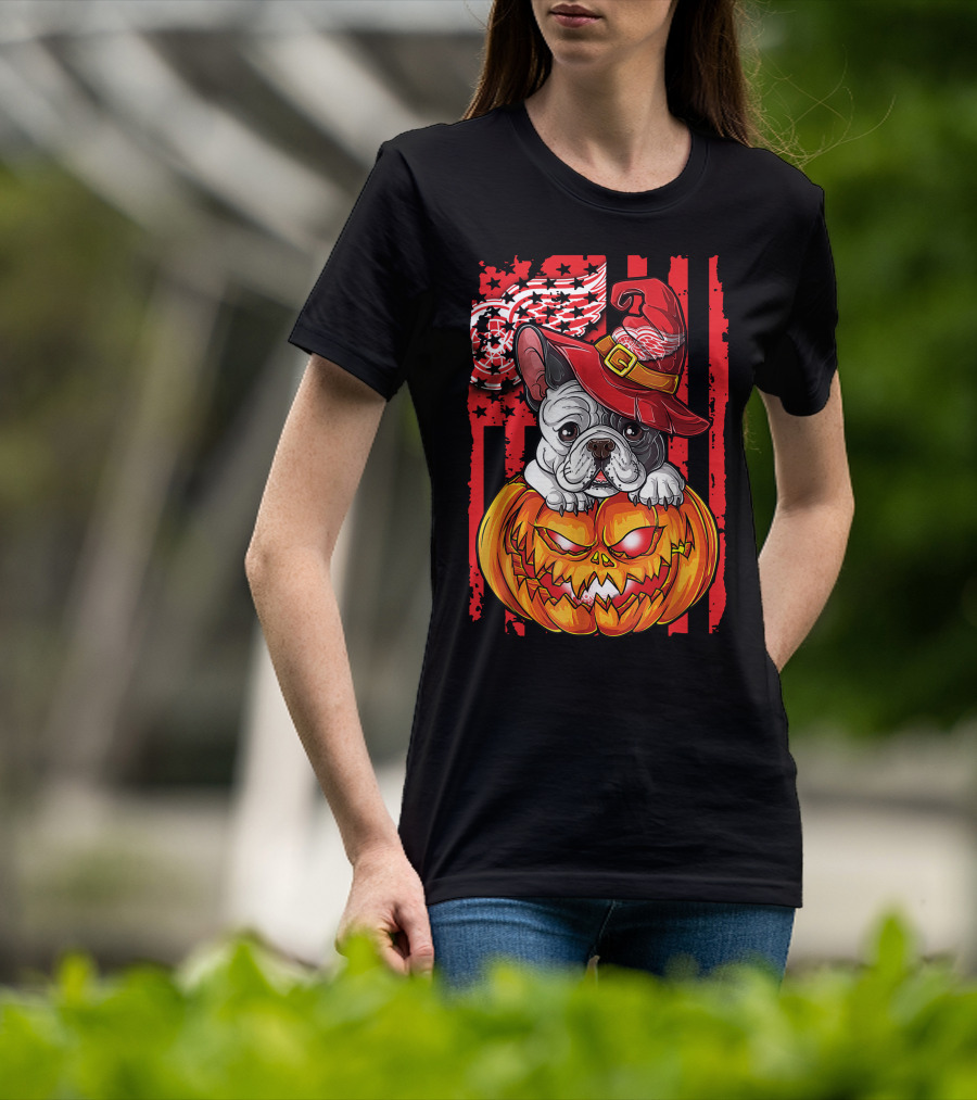 Hlw Bulldog Detroit Red Wings Witch Hat Pumpkin Halloween T-Shirt