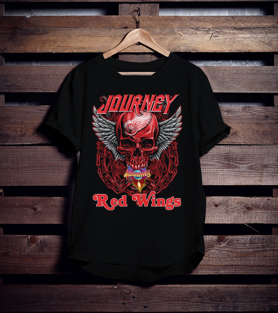 Journey Detroit Red Wings Skull Wings Flame Chain T-Shirt