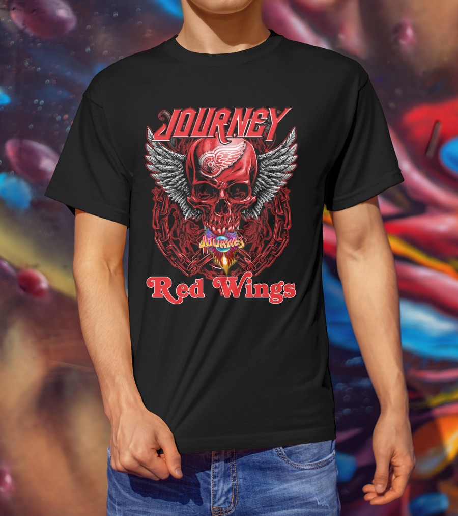 Journey Detroit Red Wings Skull Wings Flame Chain T-Shirt