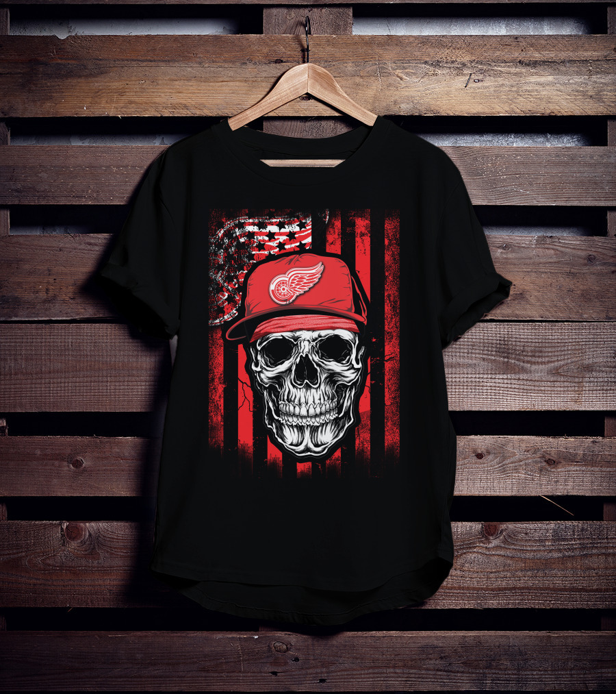 Skull Detroit Red Wings American Flag Hat T-Shirt