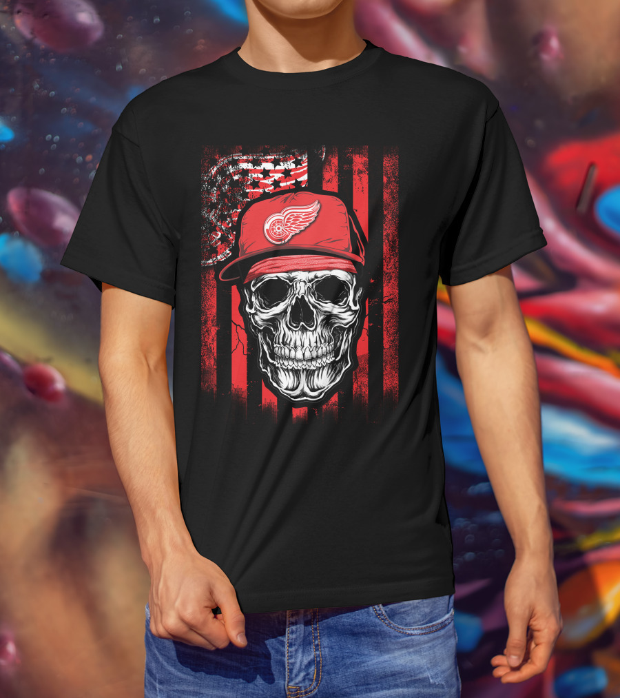Skull Detroit Red Wings American Flag Hat T-Shirt