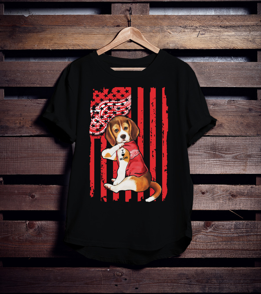 Beagle I Love Mom Detroit Red Wings Red Stripes T-Shirt