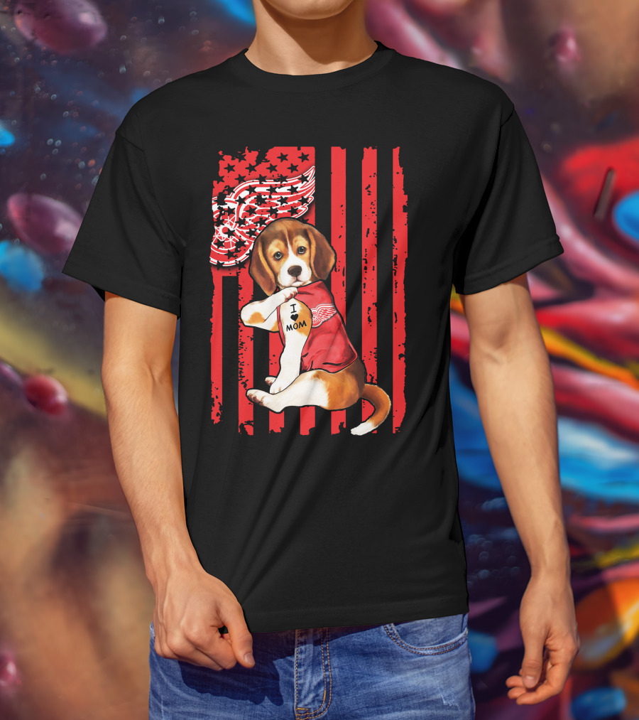 Beagle I Love Mom Detroit Red Wings Red Stripes T-Shirt
