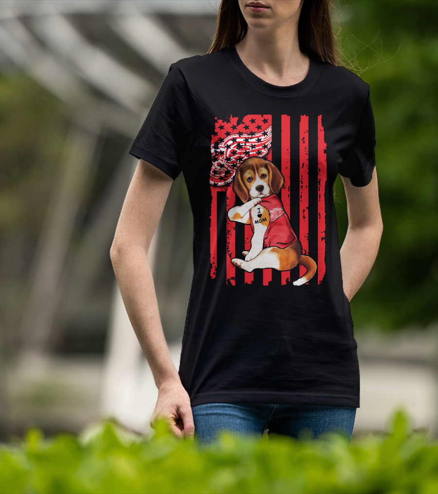 Beagle I Love Mom Detroit Red Wings Red Stripes T-Shirt