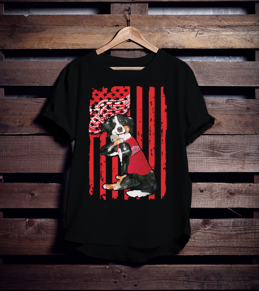 Border Collie I Love Mom Detroit Red Wings USA Flag T-Shirt