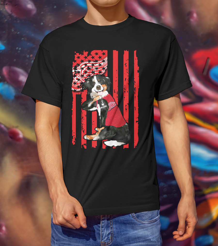 Border Collie I Love Mom Detroit Red Wings USA Flag T-Shirt
