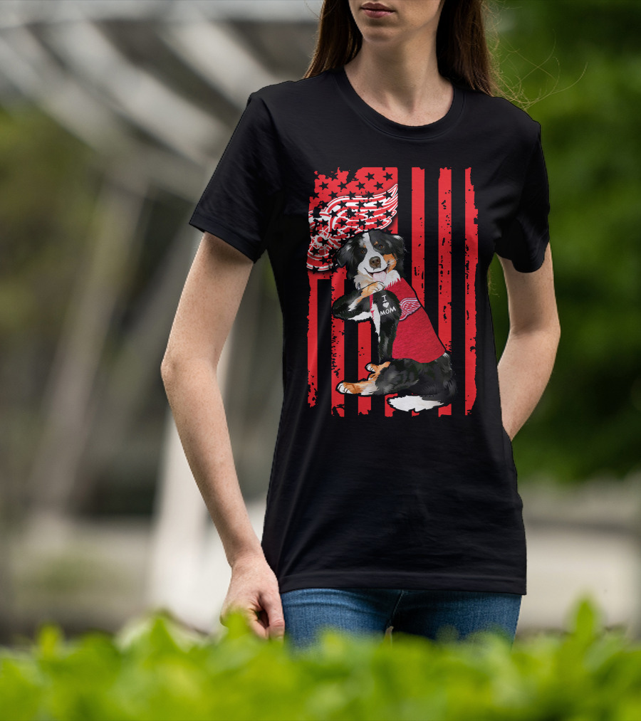 Border Collie I Love Mom Detroit Red Wings USA Flag T-Shirt