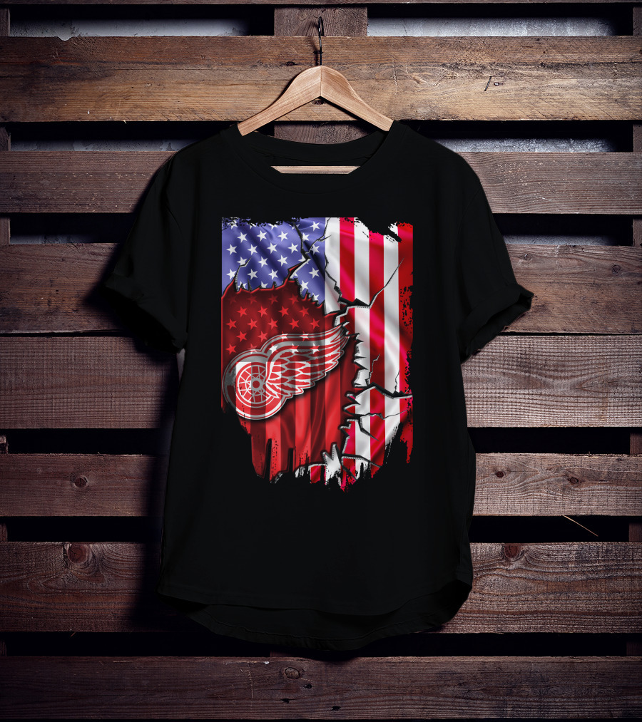 Flag Stars And Stripes Detroit Red Wings Winged Wheel T-Shirt