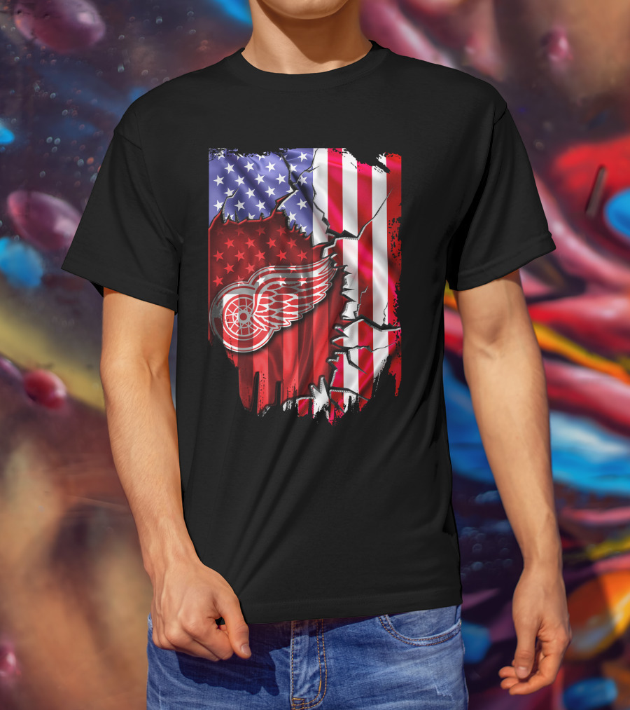Flag Stars And Stripes Detroit Red Wings Winged Wheel T-Shirt