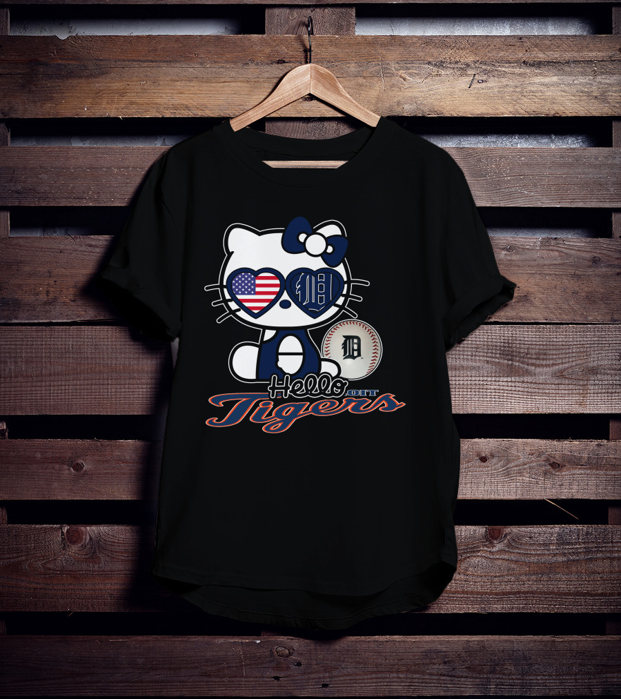 Hello Kitty Detroit Tigers American Flag Baseball T-Shirt